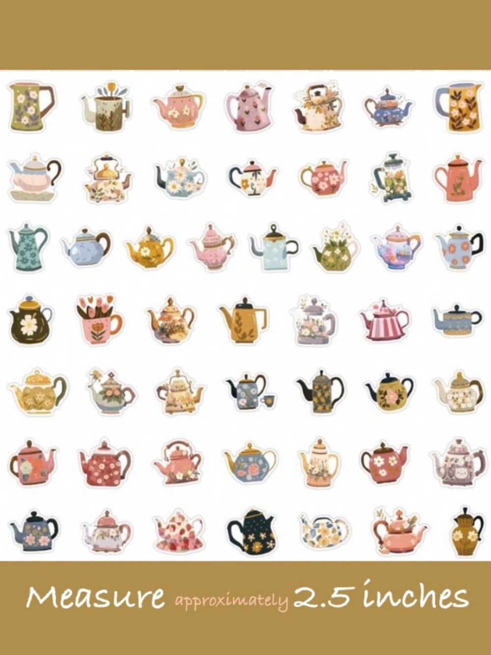 50 Piece Tea Lover Vinyl Sticker Set - Assorted Floral Teapot Designs - Picture 3 of 3